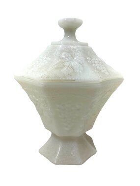 MilkGlass Candy Dish Grapes Leaves Octagon Pedestal